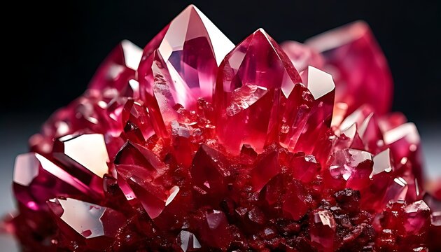 Close-up of vibrant, faceted crystals in shades of ruby red, showcasing light refraction and a dark background