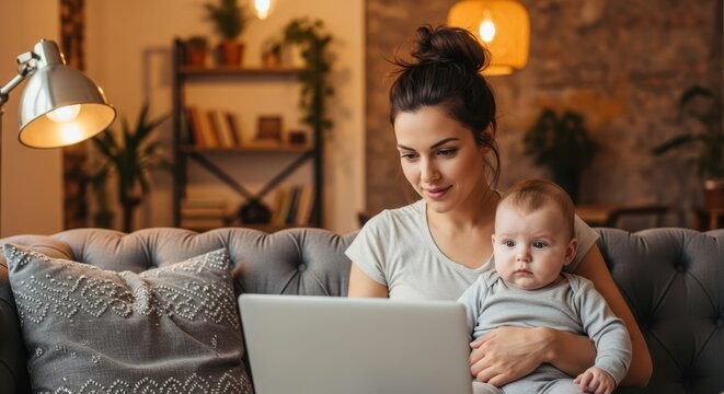 Mom Working with Baby: A tender moment where a mom balances work and motherhood, her laptop resting on her lap while she cradles her baby. This scene captures a blend of responsibilities.