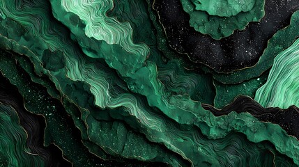 Obraz premium Abstract green layered landscape with a starry dark background and wispy, wavy topographic patterns