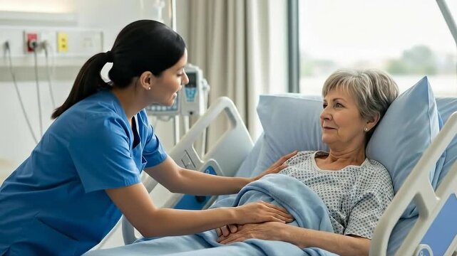 Compassionate nurse cares for elderly patient in hospital room across three emotional moments