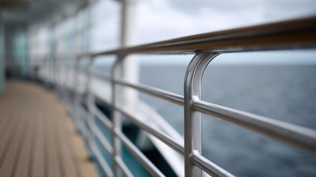 Close-up of a metal railing on the deck of a cruise ship. the railing is made of stainless steel and has a curved design.