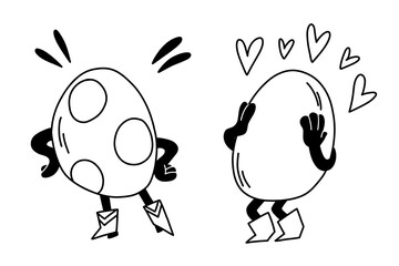 Obraz premium Eggs in boots show off the patterns on their shells to each other Easter characters in line