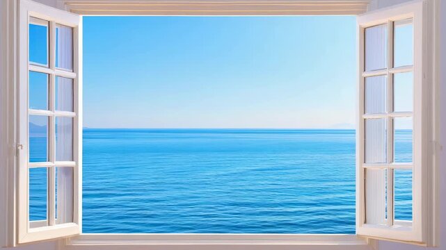 Ocean View from the Window: Gaze through an open window at the vast, serene ocean under a clear, bright sky, evoking a sense of tranquility and limitless possibilities.