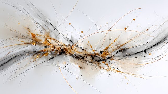 Abstract splash of orange and black ink with flowing lines and splatters on white background