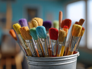 A variety of colorful artist brushes standing upright in a metal container with a softly blurred creative studio background enhancing the artistic ambiance