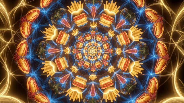 Fast food forming colorful kaleidoscopic mandala pattern with symmetry.