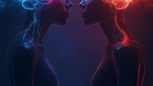 発光する脳を持つ人物同士が向かい合い知性の共鳴を象徴する