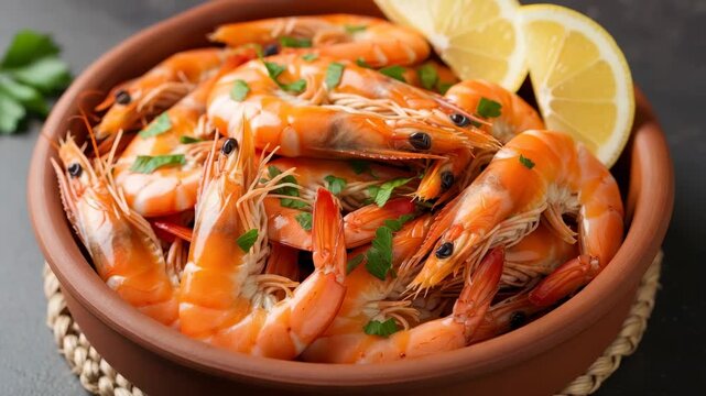 Savory Shrimp Bowl: A mouthwatering close-up showcases a terracotta bowl overflowing with perfectly cooked shrimp, artfully garnished with fresh herbs and zesty lemon wedges.