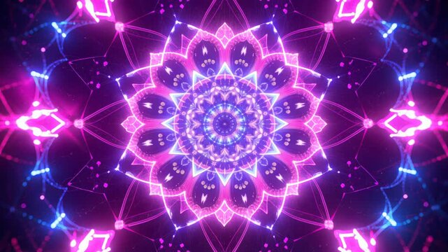 Abstract neon lotus mandala pattern glowing with vibrant pink and blue colors.