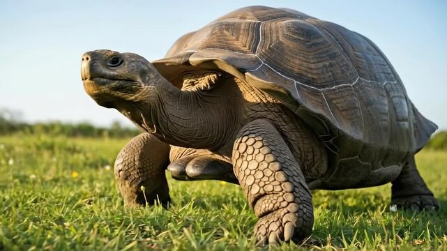 Majestic tortoise strolling through sunlit grassland in slow motion