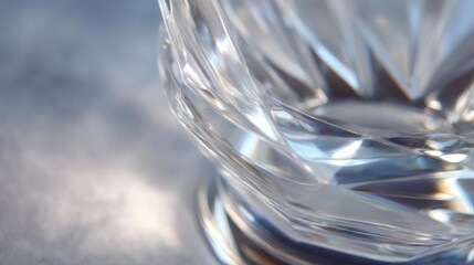 Close-up of a glass bowl. the bowl is made of clear glass and has a diamond-like pattern on its surface. the background is blurred, making the bowl the focal point of the image.