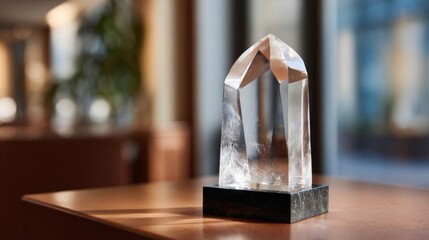 Crystal award on a wooden table. the award is made of clear glass and has a triangular shape with a pointed top. it is placed on a black marble base.