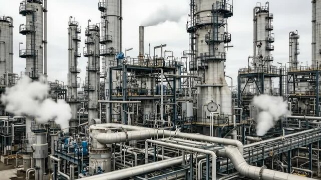 Industrial plant operations: smoke billowing from towers and pipework in energy facility