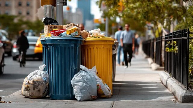 Overflowing Trash Bins in Urban Street: A close-up view reveals overflowing trash bins, overflowing with waste, on a bustling city sidewalk, capturing the stark reality of urban waste management