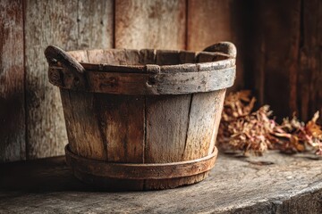 Weathered wooden bucket on a rustic table in warm light