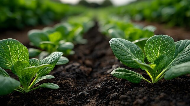Rows of young green vegetable seedlings grow in rich dark soil in a farm field with low angle and shallow depth of field agricultural view.