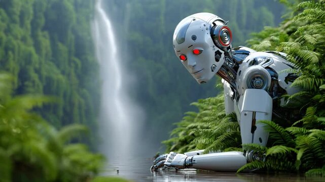 Cyborg in Nature: A futuristic cyborg amidst lush greenery, a captivating scene where technology intertwines with the untamed beauty of nature.