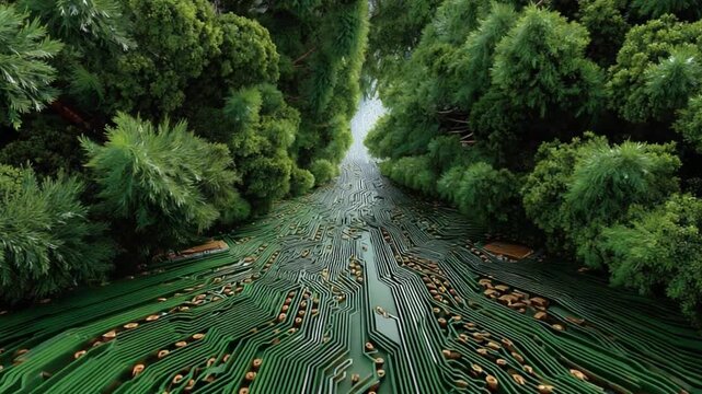 The convergence of nature and technology: A surreal scene merging the organic beauty of a verdant forest with the intricate pathways of circuit board.