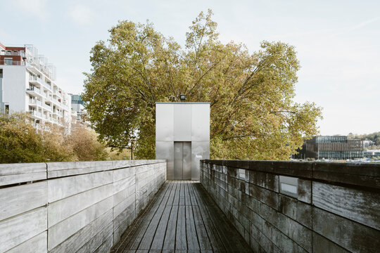 Urban architecture modern boardwalk corridor of wood and trees, symmetry and empty perspective with leading lines through calm outdoor walkway