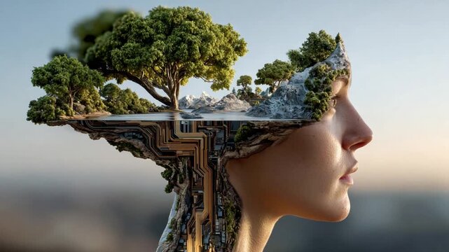 Nature-Inspired Thought: An individual profile, juxtaposed with a detailed mind landscape, showcasing an innovative fusion of nature and introspection.