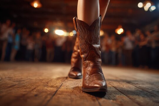 Western line dancing: dynamic legs in leather boots with decorative stitching on a dance floor