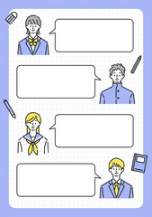 学生と筆記用具と吹き出しのアイコンセット