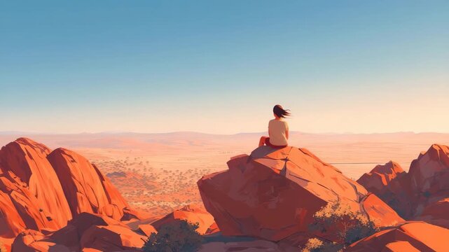 adventure girl sits on a peak of big mountain in desert landscape illustrated animation