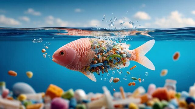 The Polluted Aquatic World: A vibrant fish swims through contaminated ocean water, its body partially composed of plastic waste.