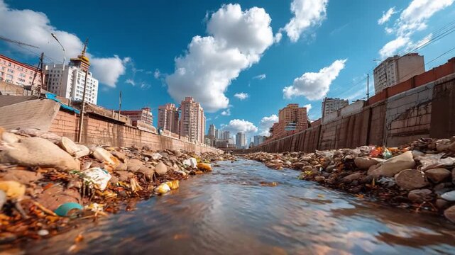 Urban River Scene: A gritty portrayal of urban decay along a polluted river, framed by aged buildings under a dramatic sky.