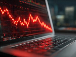 Laptop screen displaying a sharp decline of financial market graph in red indicating stock market or cryptocurrency crash and economic downturn sign