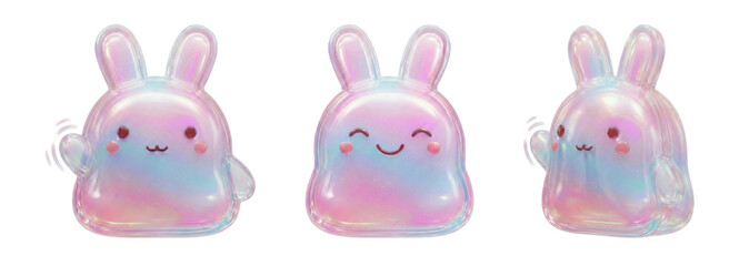 3D Cute Kawaii Bunny Emotions Set, Y2K Holographic Glossy Characters &ndash; Valentine&rsquo;s Day Reaction Icons.