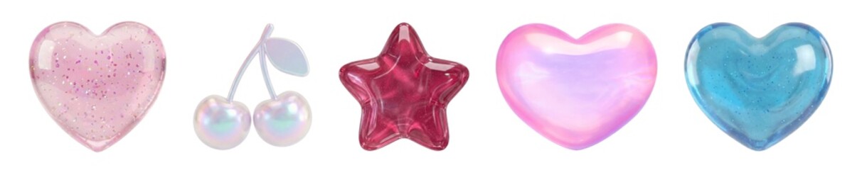 3D Glossy Candy Icons Set, Y2K Holographic Kawaii Sweet Objects &ndash; Valentine&rsquo;s Day Love Symbols.