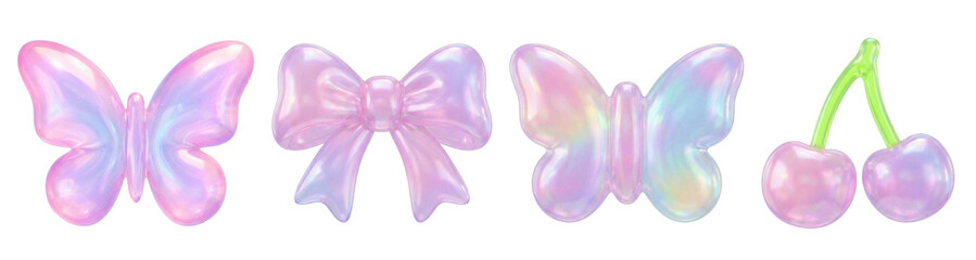 3D Cute Kawaii Accessories Icons, Y2K Holographic Glossy Set &ndash; Valentine&rsquo;s Day Girly Elements.