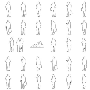 Set of 32 people outline figures drawn in clean line art style with contour outlines only. Ideal for CAD floor plans, architectrural drawings, urban design, infografics, and technical illustrations