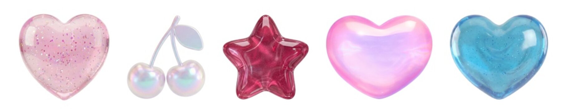 3D Glossy Candy Icons Set, Y2K Holographic Kawaii Sweet Objects &ndash; Valentine&rsquo;s Day Love Symbols.