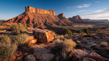 Wide-angle view of arid desert mesa base with sagebrush and clear blue sky