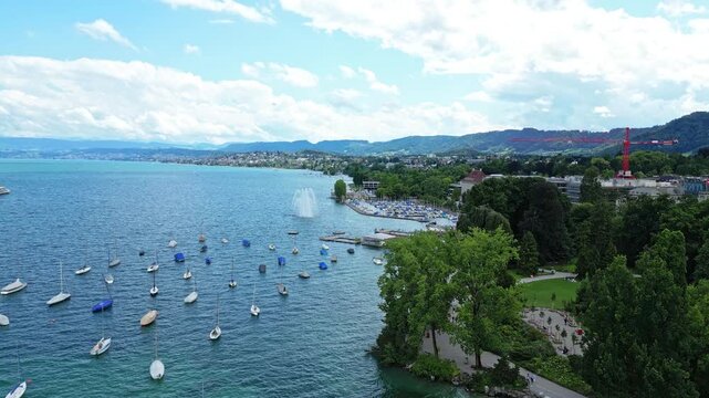 Lake Zurich Aerial with Boats and Green Shoreline &ndash; Swiss Summer Landscape.Filmed on 19 July 2025.