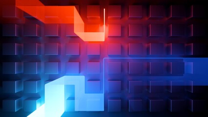 Abstract technological background. Red and blue neon lines flowing through a geometric maze. 3d digital illustration.