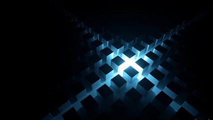 Minimalist geometric background. Abstract structure of volumetric cubes illuminated with bright blue neon light. 3d digital illustration.