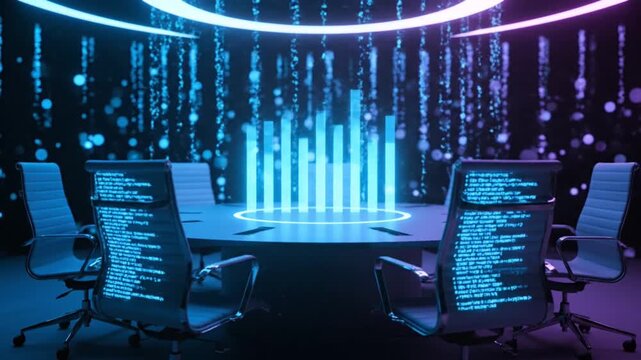 A futuristic meeting room with a large table and chairs features a digital display wall with glowing blue bars and code streaming down behind the seats.