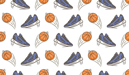 Obraz premium Basketball and shoes doodle illustration background. Basketball sneakers seamless pattern background. Shoes basketball hand drawn icon tiled wallpaper.
