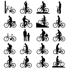 Obraz premium Set of black vector silhouettes of people with bicycles in various static and riding poses. Faceless minimal figures suitable for infographics, urban design, sport concepts, and architectural.