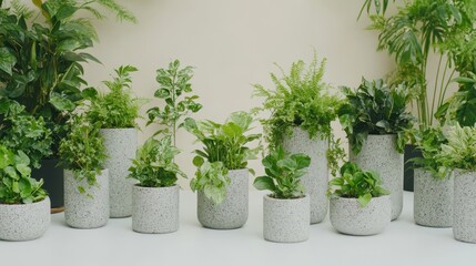 Green Harmony: A captivating collection of potted plants of various species and sizes, a serene, inviting atmosphere. This arrangement emphasizes the beauty of nature.