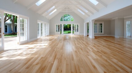 Large empty room with wooden floor and large windows for natural light in the daytime