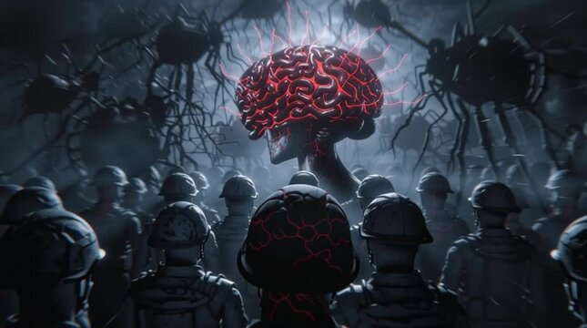 Soldiers gather around a glowing brain amidst dark creatures in a mysterious environment