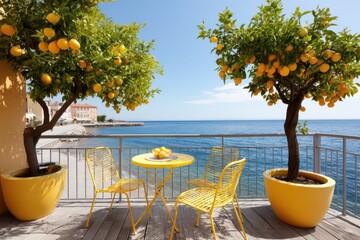 Obraz premium Lemon Trees Balcony: A vibrant balcony scene overlooking a tranquil sea, adorned with flourishing lemon trees and inviting yellow furniture, embodies the essence of serenity.
