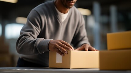 Above table top view of hands of a warehouse worker organizing packages and forms, focused action highlighting efficiency, routine labor, and logistics support. cinematic color correction, natural