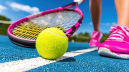 Tennis ball rolls on blue court as player prepares to hit it with a racket