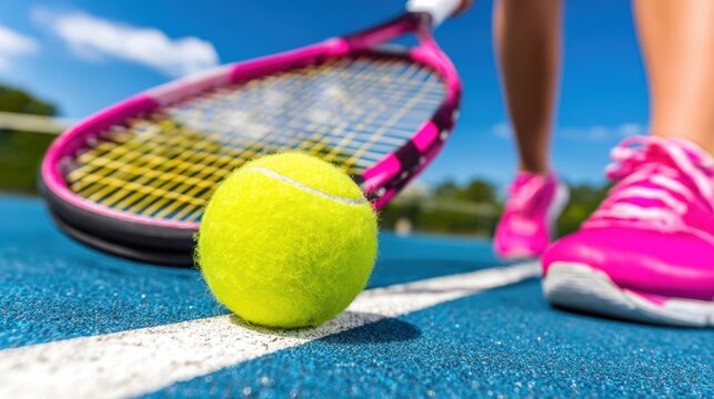 Tennis ball rolls on blue court as player prepares to hit it with a racket