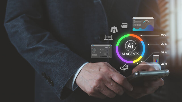 Businessman hand using smartphone with AI Agents hologram and data analysis dashboard. Concept of artificial intelligence automation, smart business innovation, and digital financial growth tech. - Powered by Adobe